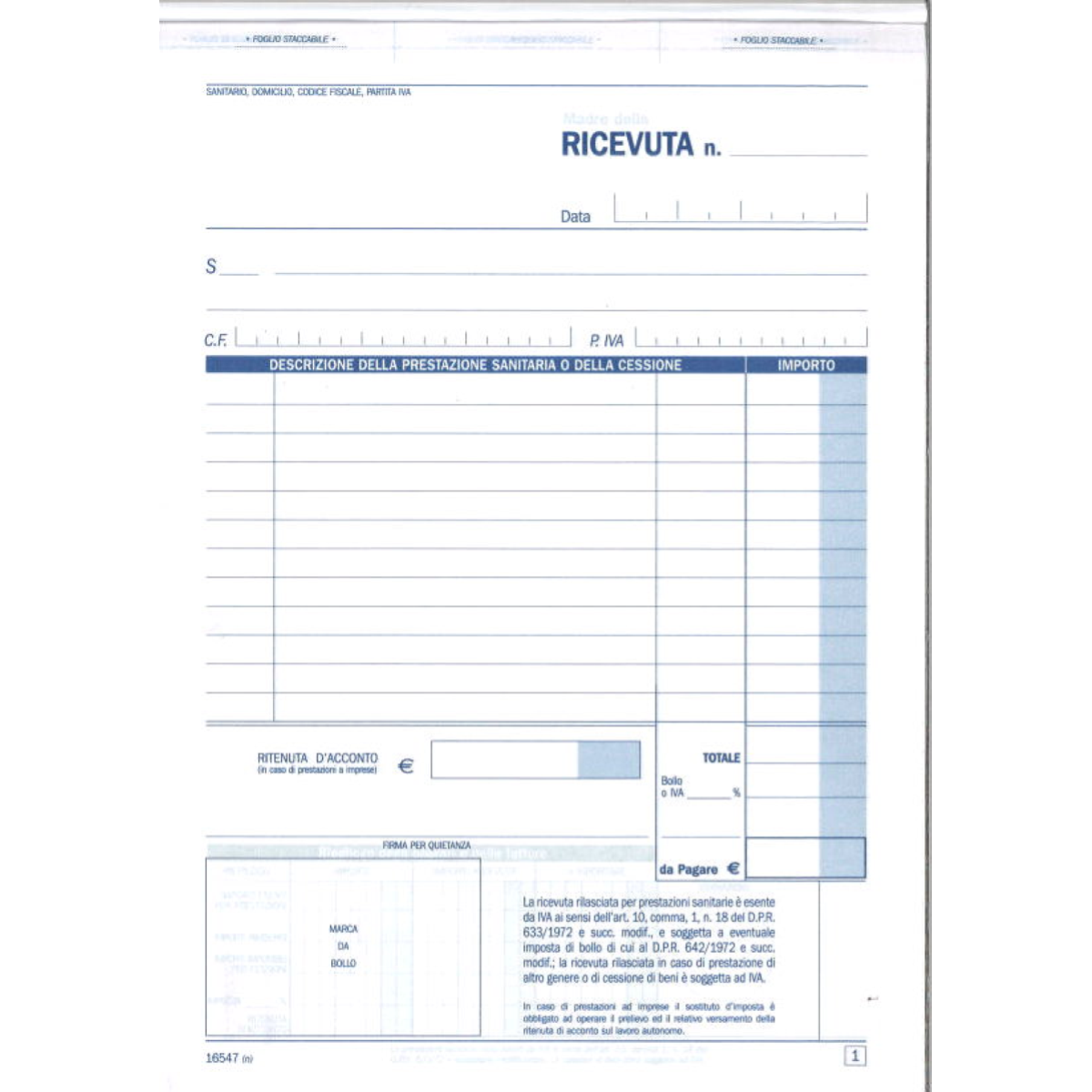 BLOCCO RICEVUTE SANITARIE DU165470000 A5 2 COPIE