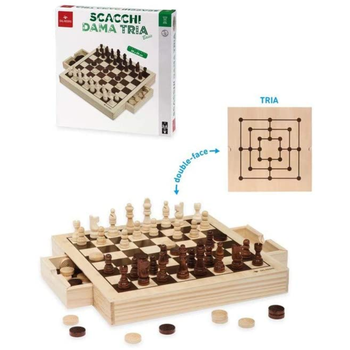 SCACCHI DAMA TRIA DAL NEGRO CM.30 X 30 BASIC IN LEGNO