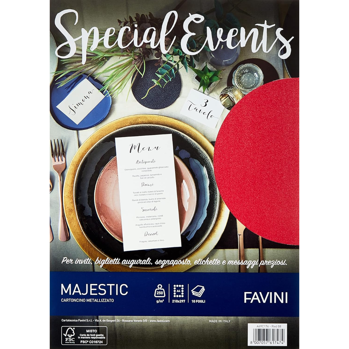 SET 10 PEZZI FOGLIO CARTA A4 SPECIAL EVENTS ROSSO 08 GR.250 A69C174