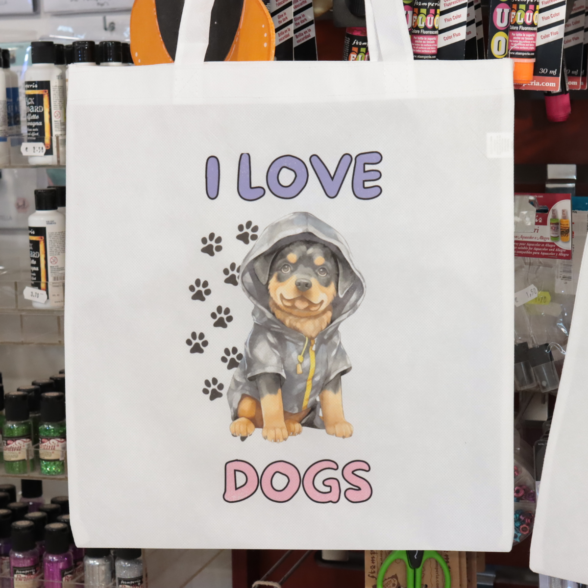 BORSA SHOPPER IN TNT BIANCA CM. 36 X 40 MANICO LUNGO I LOVE DOGS