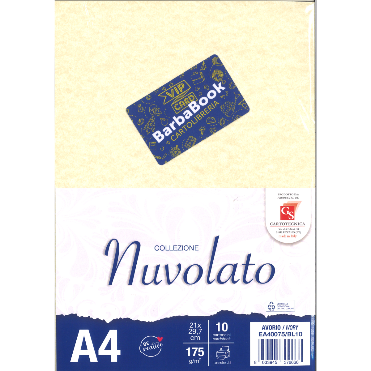 SET 10 PEZZI FOGLIO CARTA A4 AVORIO NUVOLATO GS CARTOTECNICA GR.175 ART. EA40075/BL10