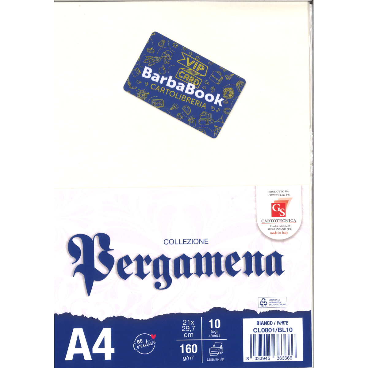 SET 10 PEZZI FOGLIO CARTA PERGAMENA A4 BIANCO GS CARTOTECNICA GR.160 ART. CL0801/BL10