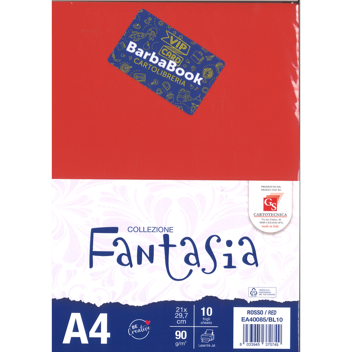 SET DA 10 PEZZI FOGLIO CARTA A4 ROSSO GS CARTOTECNICA GR.90 ART. EA400085/BL10