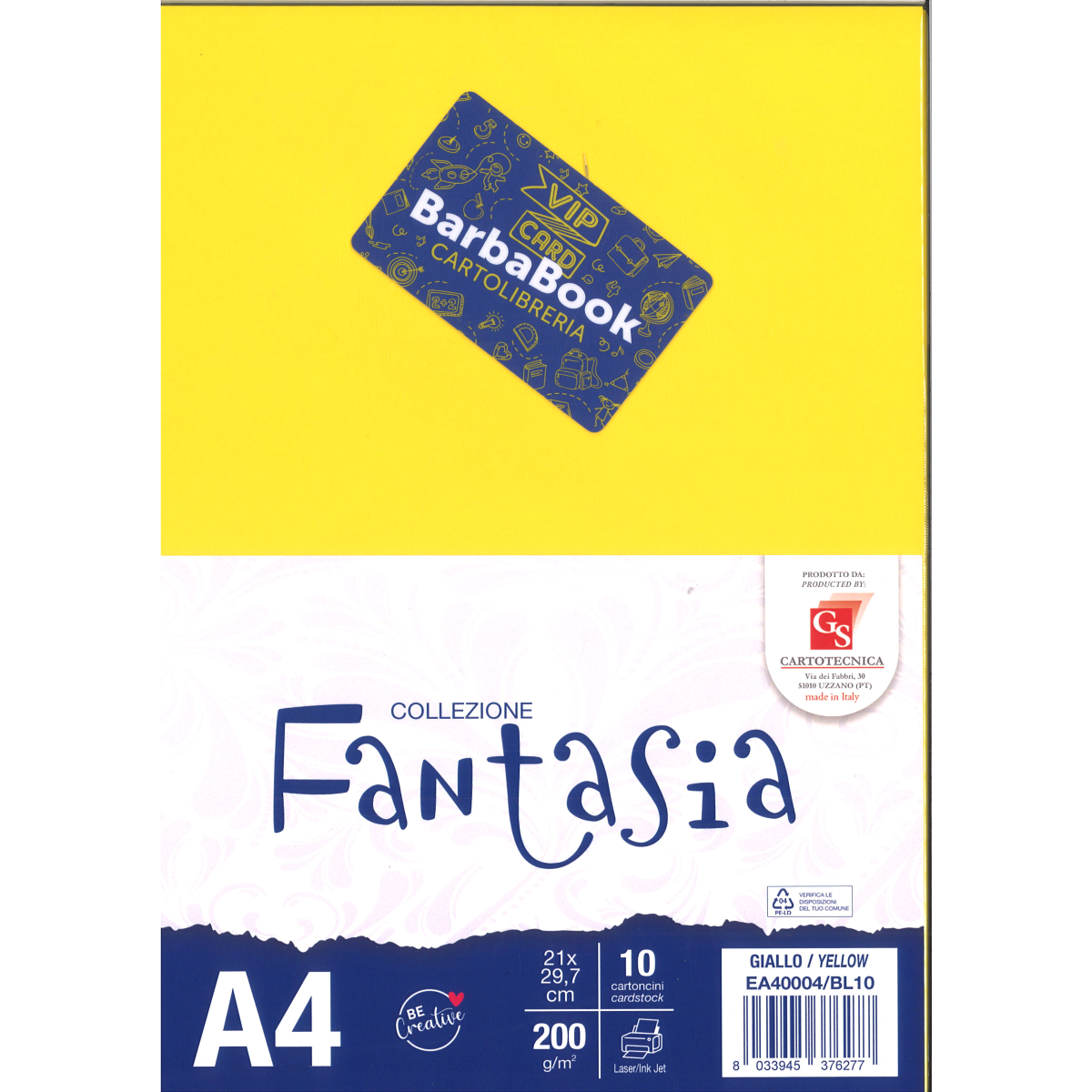 SET 10 PEZZI FOGLIO CARTA A4 GIALLO GS CARTOTECNICA GR.200 ART. EA40004/BL10