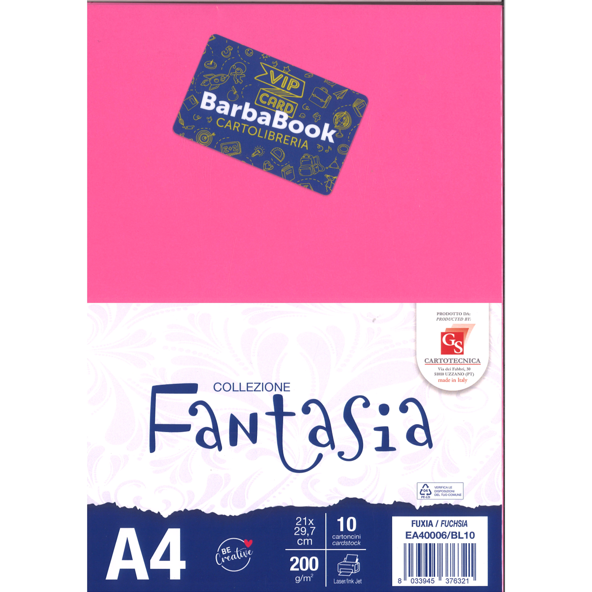 SET 10 PEZZI FOGLIO CARTA A4 FUXIA GS CARTOTECNICA GR.200 ART. EA40006/BL10