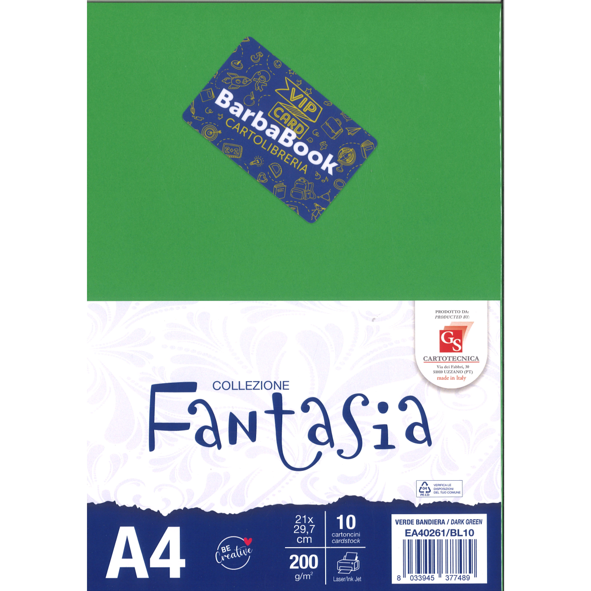 SET 10 PEZZI FOGLIO CARTA A4 VERDE BANDIERA GS CARTOTECNICA GR.200 ART. EA40261/BL10