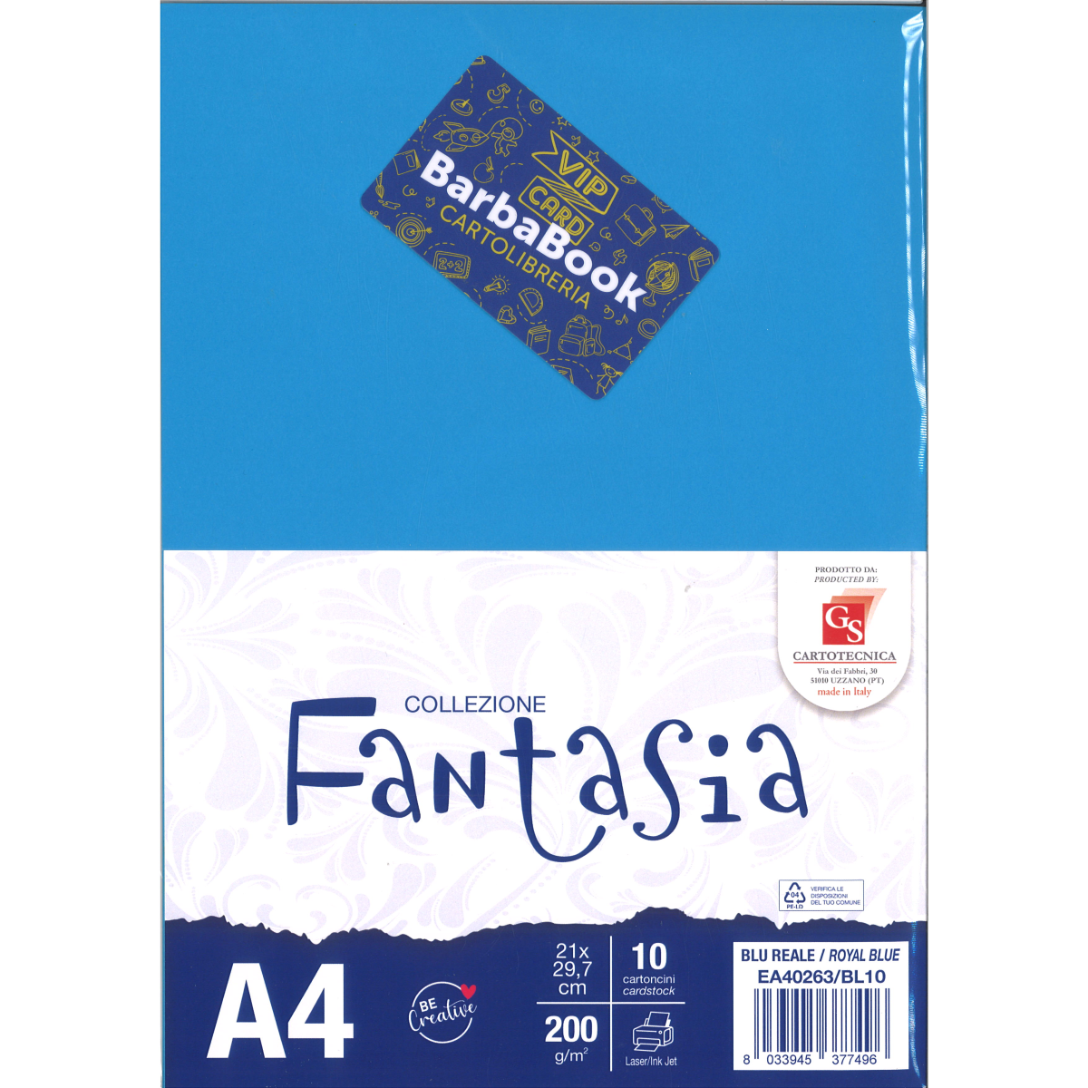 SET 10 PEZZI FOGLIO CARTA A4 BLU REALE GS CARTOTECNICA GR.200 ART. EA40263/BL10