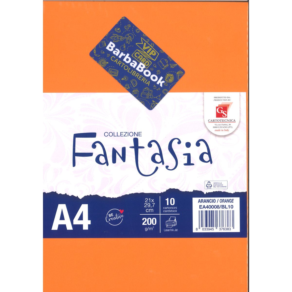 SET 10 PEZZI FOGLIO CARTA A4 ARANCIO GS CARTOTECNICA GR.200 ART. EA40008/BL10