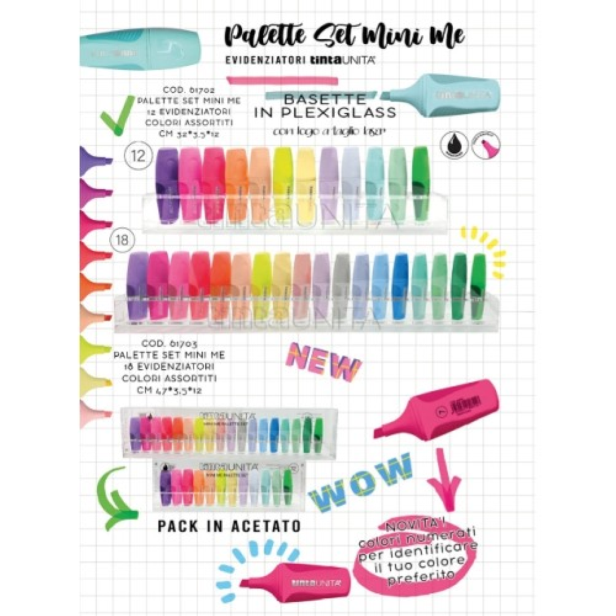 SET 12 MINI EVIDENZIATORI PALETTE TINTA UNITA 61702