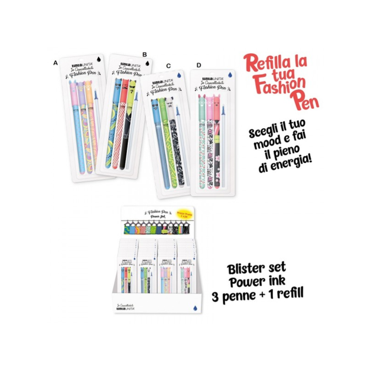 SET 3 PEZZI PENNA CANCELLABILE TINTAUNITA FASCHION + 1 REFILL NERO
