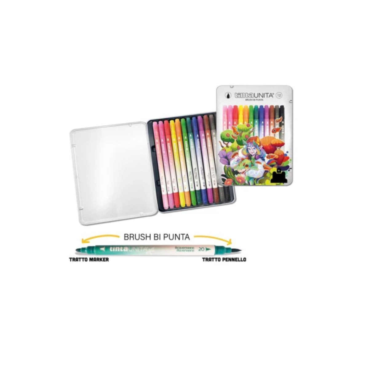 SET DISEGNO METAL BOX TINTAUNITA FRAFFROG 12 PENNARELLI BRUSH BI PUNTA